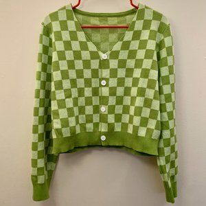 Green checkerboard cropped cardigan